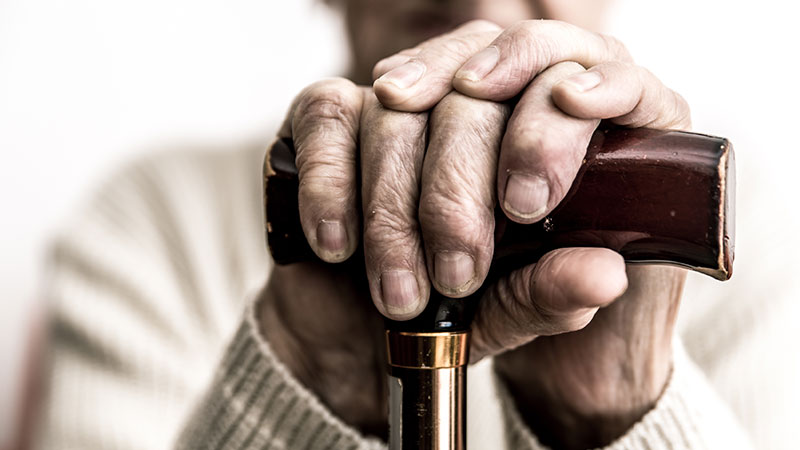 wrinkled hands of elderly person holding cane