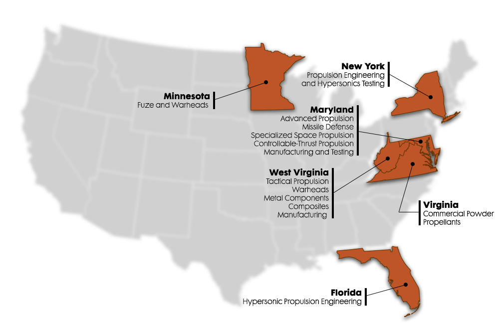 Map of US with highlighted locations