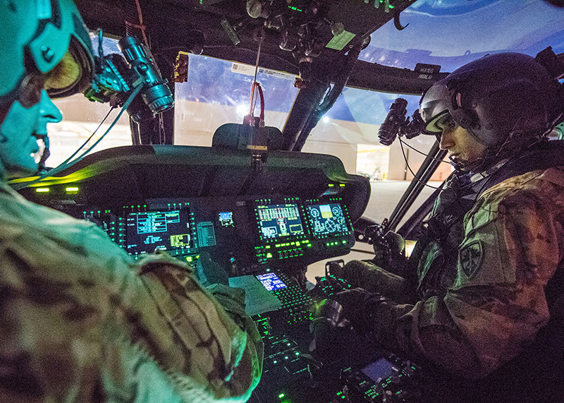 illustration of soldiers in cockpit of helicopter