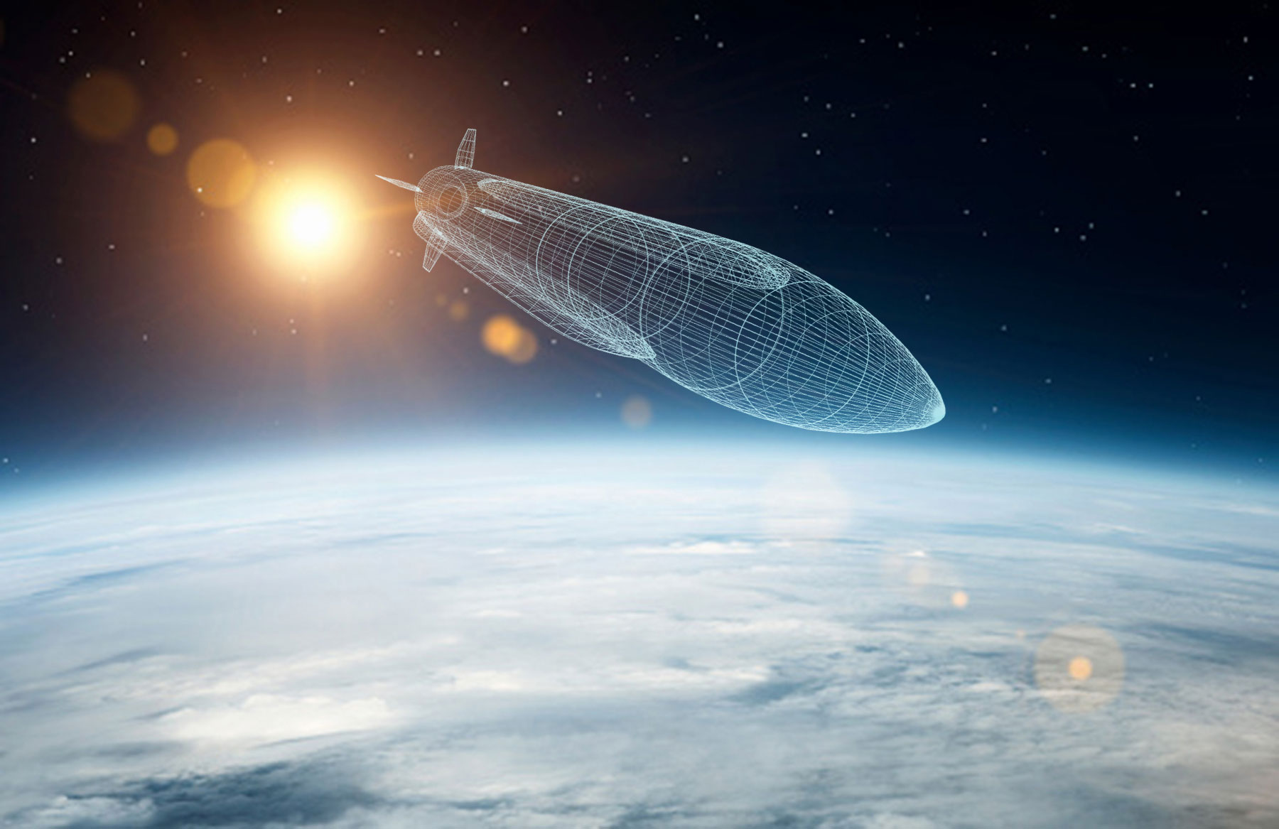 An illustration of a missile wireframe flying through space